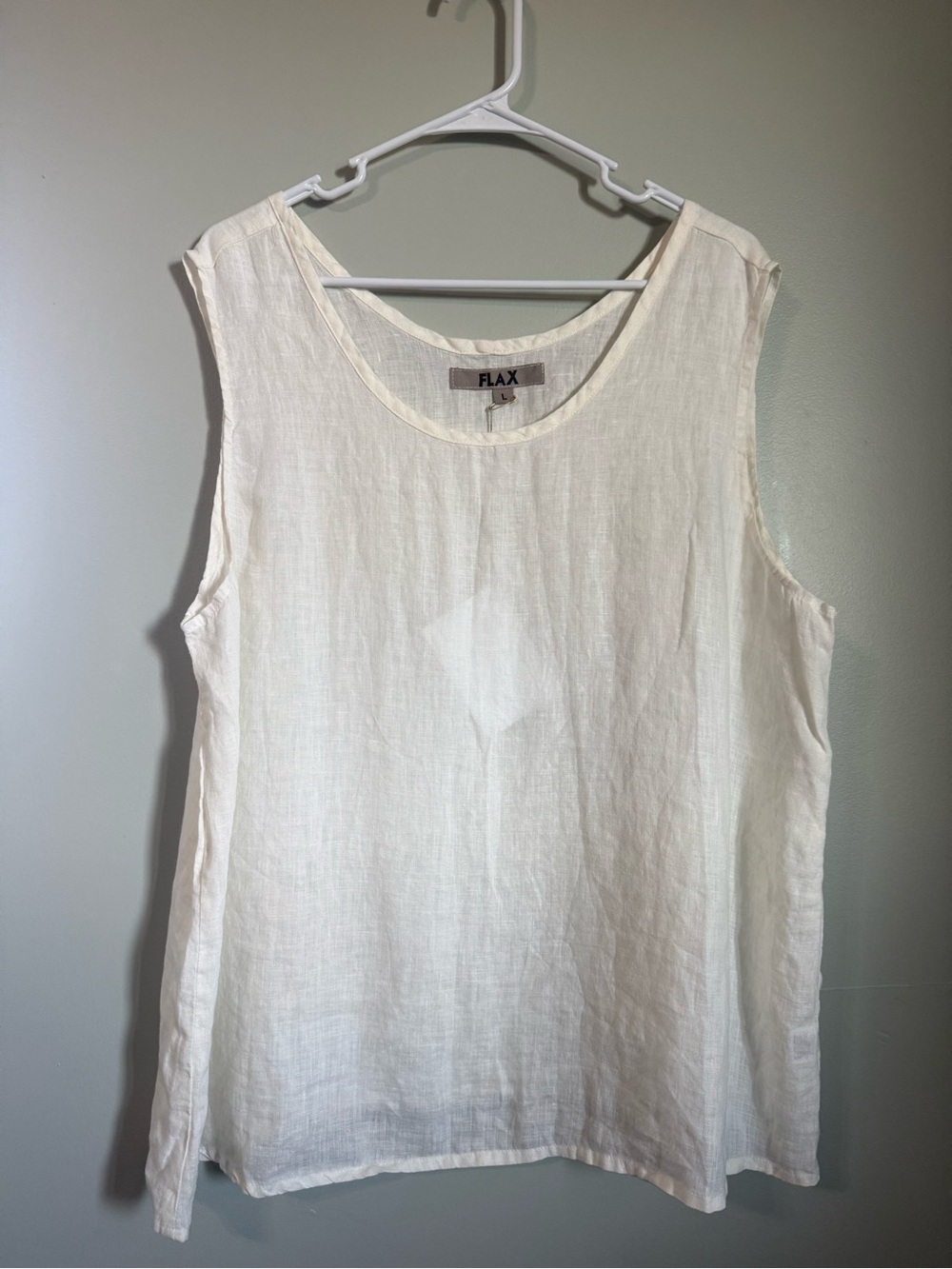 FLAX White 100% Linen Boxy Scoop Neck Sleeveless Tank -L